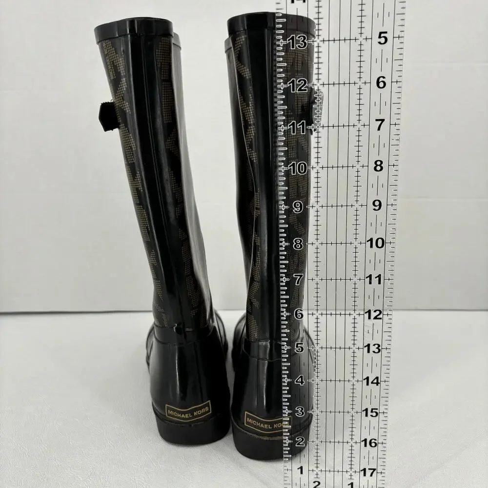 Michael Kors Tall Rain Boots Women's Size 7 Black Signature Logo Waterproof - Picture 9 of 13